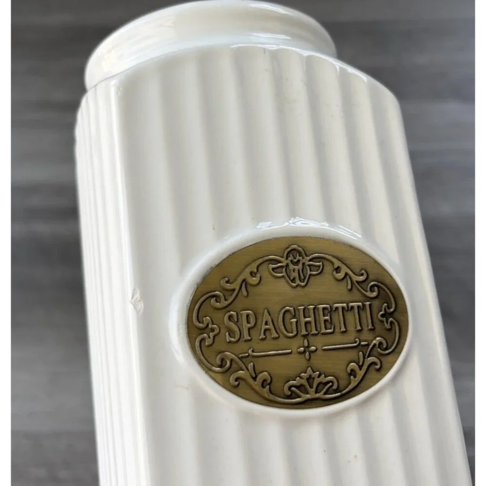 THL White Ceramic Spaghetti Canister Farmhouse Ribbed Jar Bronze Label Lace Lid